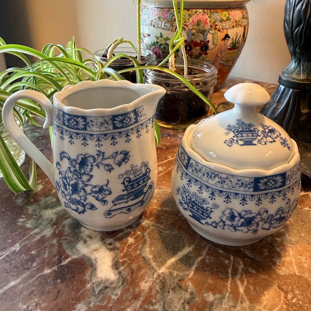 Vintage Blue & White JlMenau Creamer & Sugar Bowl